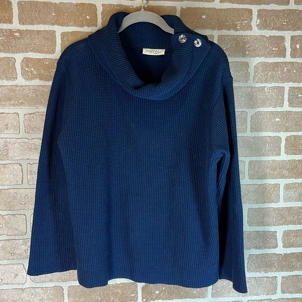 MARGARET Winters Artsy Cowl Neck Tunic Sweater Sz XS Navy Blue Cotton